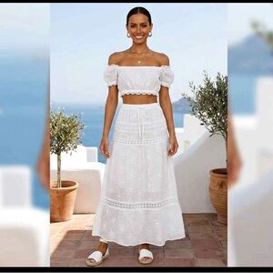 White Eyelet Boho 2-Piece Set - Maxi Skirt & Off-Shoulder Top (XL)